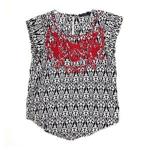 THML Anthropologie B&W Damask w Red Embroidery Top